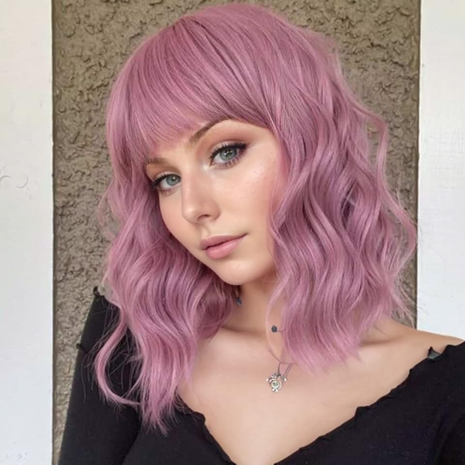 VCKOVCKO Pastel Wavy Wig With Air Bangs Women's Short Bob Purple Pink Wigs Curly Wavy Shoulder Length Pastel Bob Wigs Synthetic Wig for White Women Girls Daily Use Colorful Wigs(12", Purple Pink)