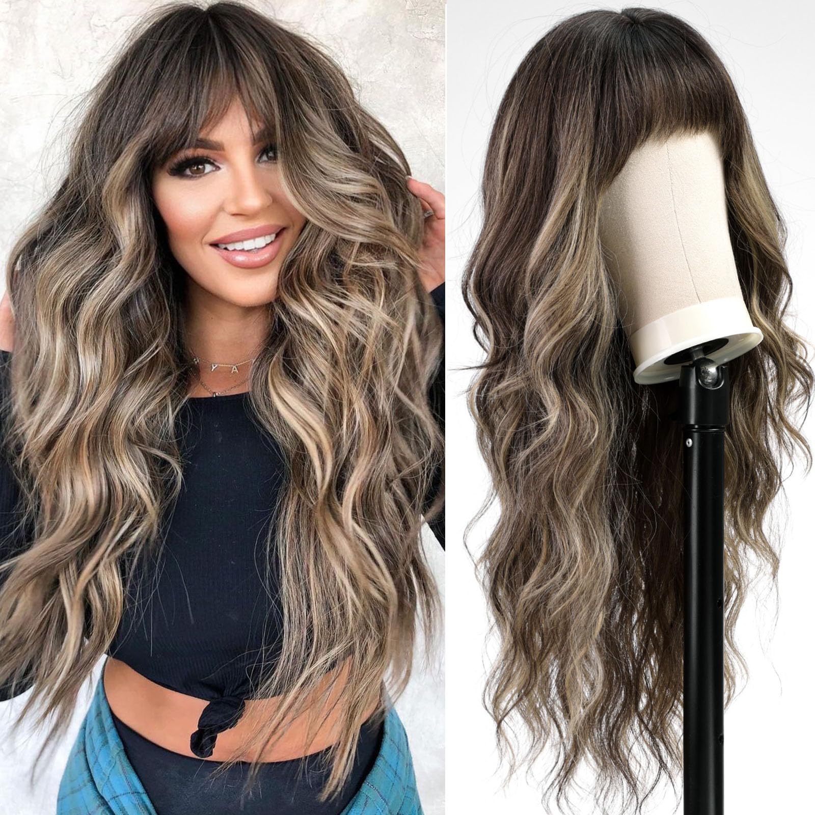 KOME Ombre Brown Wigs with Bangs,Brown Highlight Long Wavy Wig for Women,Long Curly Wigs Synthetic Hair Wig for Party Cosplay Daily Use 24IN