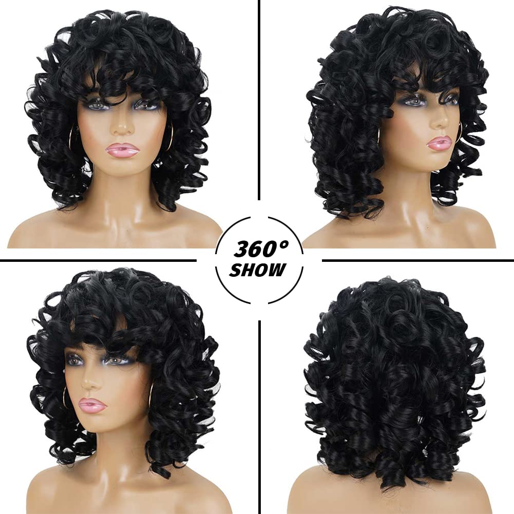 andromeda Curly Wigs for Black Women Soft Short Curly Wig with Bangs Afro Loose Curls Heat Resistant Synthetic Wig for African American Women (Black)