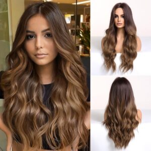 haoland long ombre brown wavy wig for women 26 inch middle part curly women's charming synthetic wig with natural wavy brown heat resistant hair for wedding daily party use