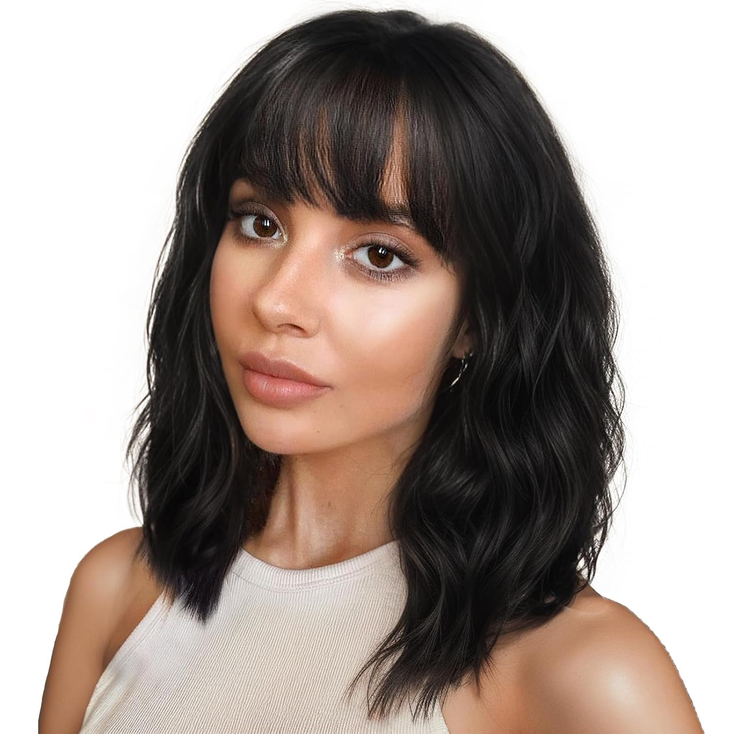 ENTRANCED STYLES Black Wigs with Bangs for Women 14 Inches Synthetic Curly Bob Wig for Girl Natural Looking Wavy Wigs …