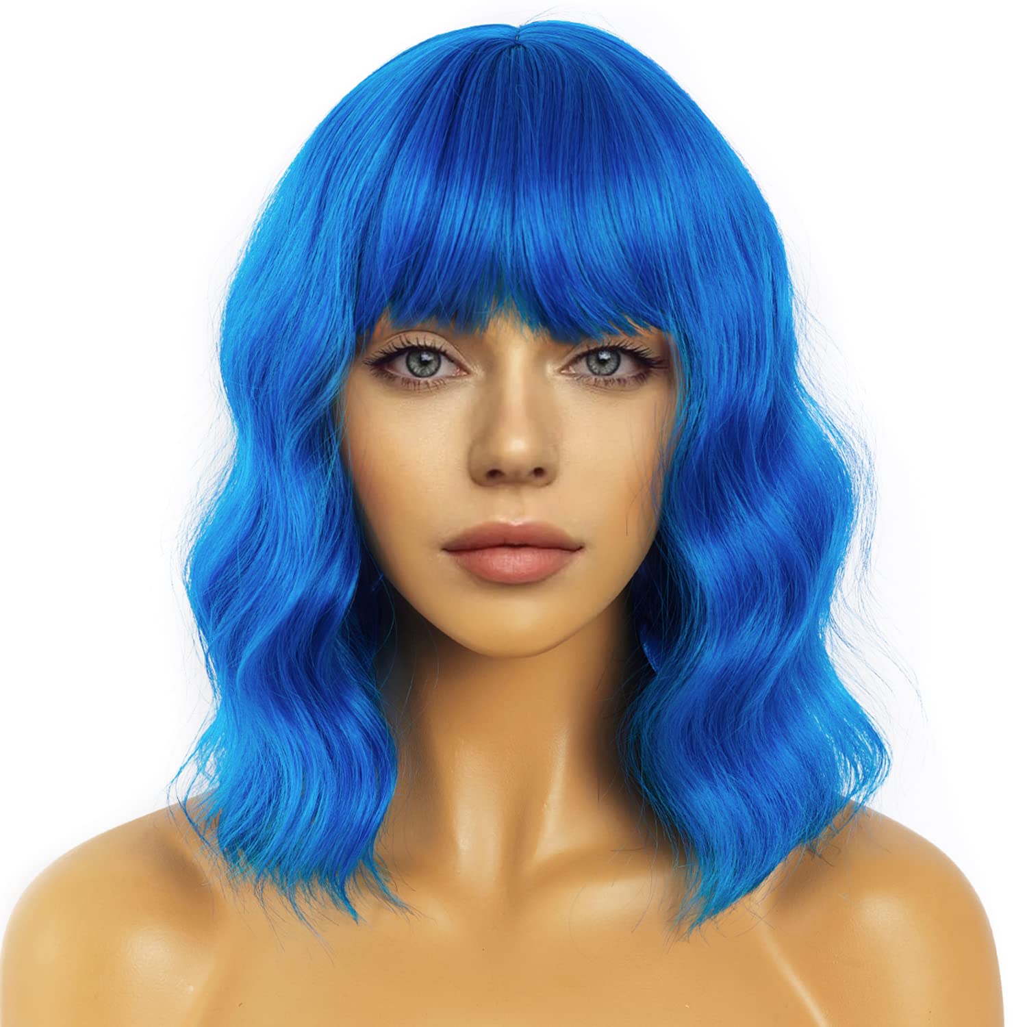 LANCAINI Short Bob Wavy Wig with Bangs for Women Loose Curly Shoulder Length Synthetic Cosplay Wig Bob for Girl Colorful Costume Wigs (Blue)