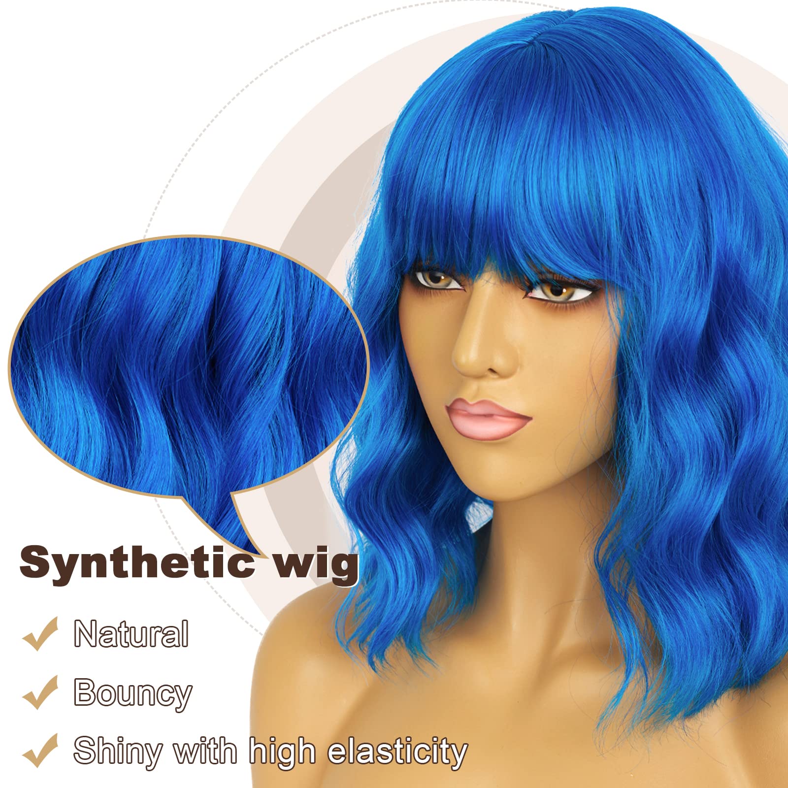 LANCAINI Short Bob Wavy Wig with Bangs for Women Loose Curly Shoulder Length Synthetic Cosplay Wig Bob for Girl Colorful Costume Wigs (Blue)