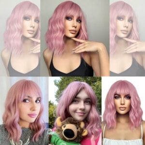 BERON 14 Inches Pink Wig for Women Girls Short Curly Synthetic Wig with Bangs Lovely Pink