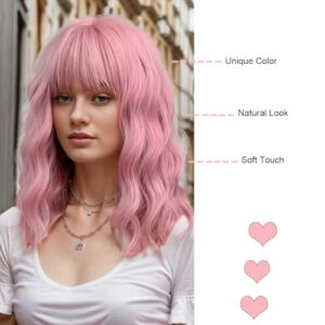 BERON 14 Inches Pink Wig for Women Girls Short Curly Synthetic Wig with Bangs Lovely Pink