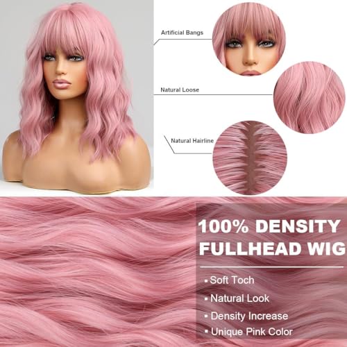 BERON 14 Inches Pink Wig for Women Girls Short Curly Synthetic Wig with Bangs Lovely Pink