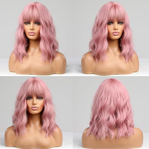 BERON 14 Inches Pink Wig for Women Girls Short Curly Synthetic Wig with Bangs Lovely Pink