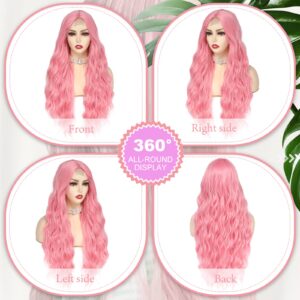 BUPPLER Cosplay Long Pink Wig 28 Inch Middle Part Synthetic Wig Realistic Gifts Party Wigs for Women Daily Use Colorful Wigs (Pink)