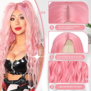 BUPPLER Cosplay Long Pink Wig 28 Inch Middle Part Synthetic Wig Realistic Gifts Party Wigs for Women Daily Use Colorful Wigs (Pink)