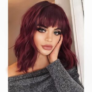 aisi hair curly bob wig with bangs short wavy wine red color wigs for women bob style synthetic heat resistant bob wigs