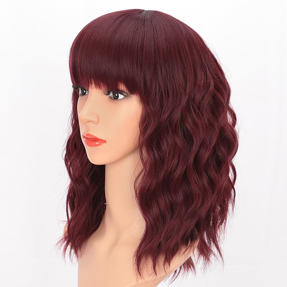 AISI HAIR Curly Bob Wig with Bangs Short Wavy Wine Red Color Wigs for Women Bob Style Synthetic Heat Resistant Bob Wigs