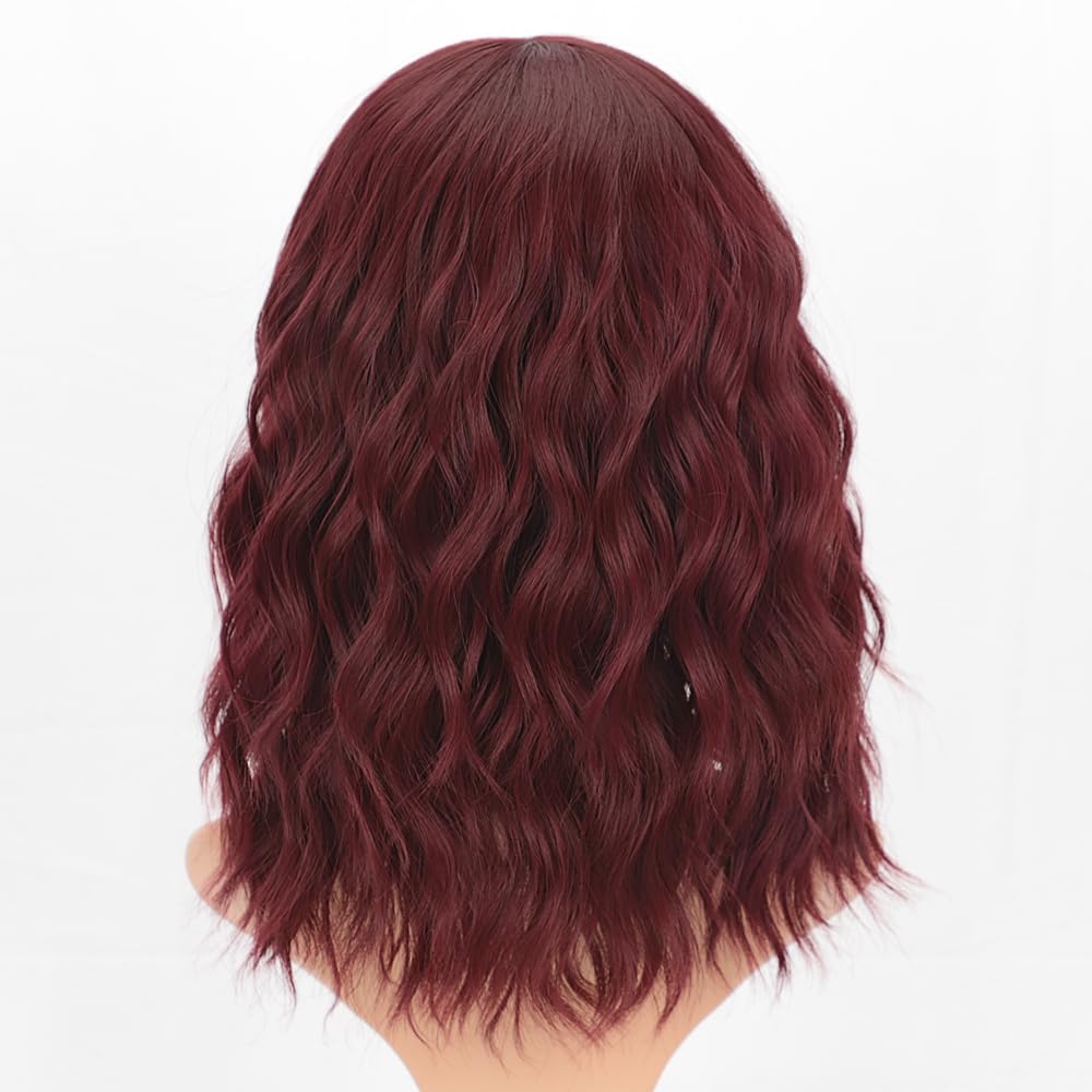 AISI HAIR Curly Bob Wig with Bangs Short Wavy Wine Red Color Wigs for Women Bob Style Synthetic Heat Resistant Bob Wigs