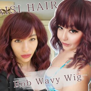 AISI HAIR Curly Bob Wig with Bangs Short Wavy Wine Red Color Wigs for Women Bob Style Synthetic Heat Resistant Bob Wigs