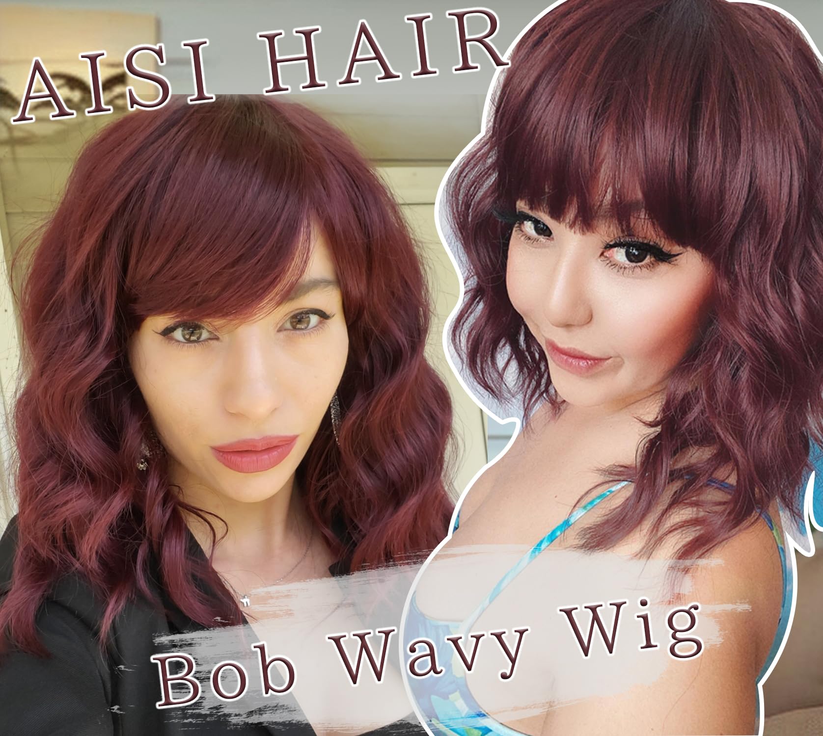 AISI HAIR Curly Bob Wig with Bangs Short Wavy Wine Red Color Wigs for Women Bob Style Synthetic Heat Resistant Bob Wigs