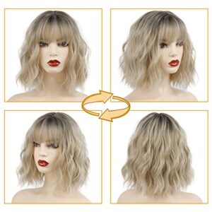 MISSQUEEN Short Ombre Blonde Wigs Wavy Bob Wig with Bangs Women Synthetic Curly Pastel Bob Wig for Girl Colorful Cosplay Wigs