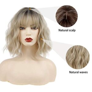 MISSQUEEN Short Ombre Blonde Wigs Wavy Bob Wig with Bangs Women Synthetic Curly Pastel Bob Wig for Girl Colorful Cosplay Wigs