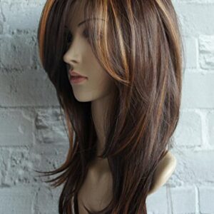 wigbuy Long Layered Shoulder Length Brown with Camel color Highlight wig Synthetic Hair Fiber Highlight Multicolor Wigs for White Women