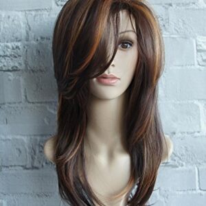 wigbuy Long Layered Shoulder Length Brown with Camel color Highlight wig Synthetic Hair Fiber Highlight Multicolor Wigs for White Women