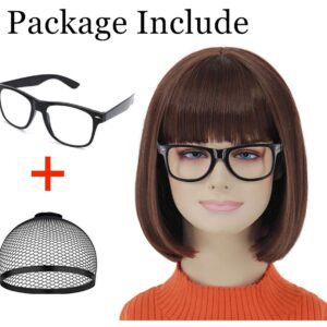 shecool Brown Bob Wig for Velma Wig Women Velma Costume with Glasses Short Bob Wig with Bangs Cute Natural Wigs for Daily Halloween Costume Party SL005BR