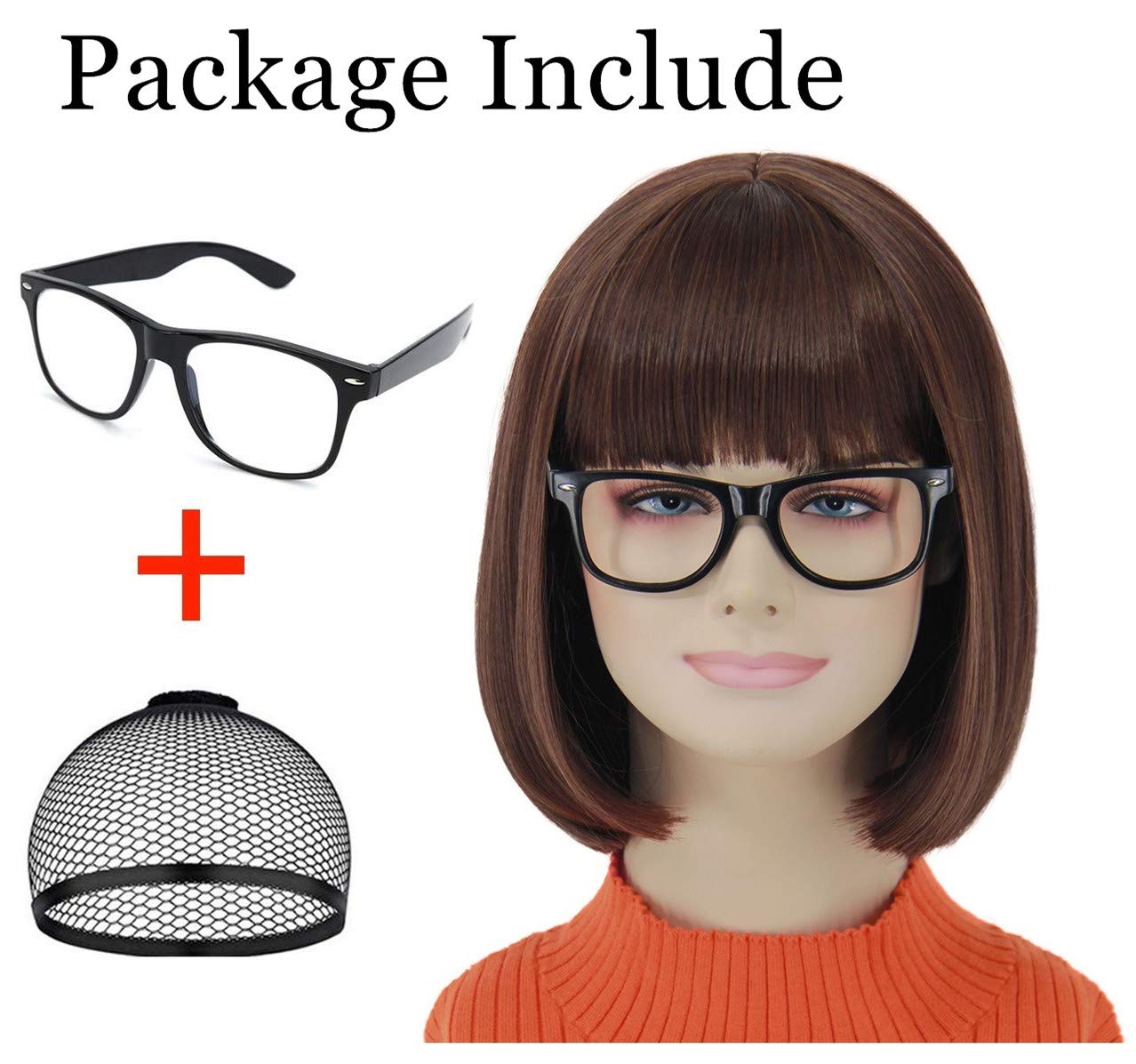 shecool Brown Bob Wig for Velma Wig Women Velma Costume with Glasses Short Bob Wig with Bangs Cute Natural Wigs for Daily Halloween Costume Party SL005BR