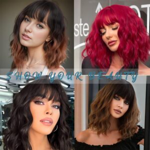 WAVE&BREEZE 14 Inch Black Mixed Brown Highlights Wigs for Women Short Wavy Curly Wig With Bangs Natural Looking Synthetic Hair Wigs Heat Resistant Fiber Wig for Daily Party (Black Mixed Brown)