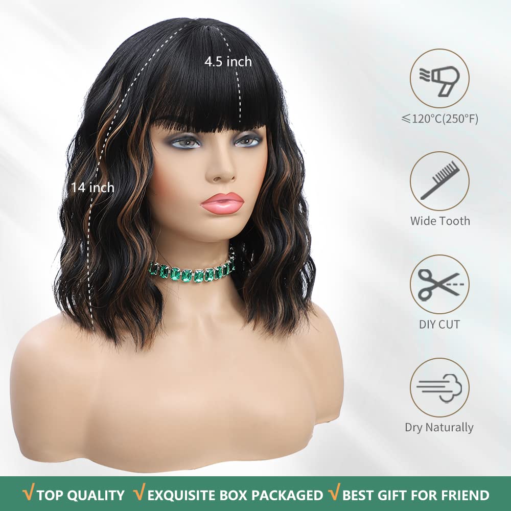 WAVE&BREEZE 14 Inch Black Mixed Brown Highlights Wigs for Women Short Wavy Curly Wig With Bangs Natural Looking Synthetic Hair Wigs Heat Resistant Fiber Wig for Daily Party (Black Mixed Brown)