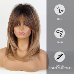 Alanhair Ombre Brown Wigs for Women,Shoulder-Length Layered Wigs with Bangs Heat Resistant Synthetic Fibre Wigs