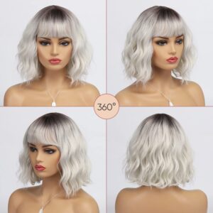 BESTUNG Short White Silver Wigs for Women Ombre Grey Wavy Bob Wig with Bangs Medium Length Synthetic Hair Water Wave Dark Roots Wig Gray Colorful Wigs（12 Inches）