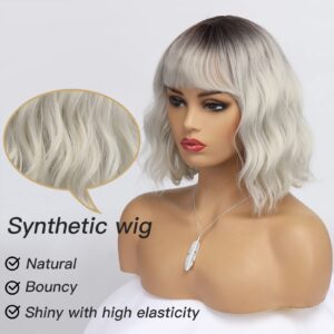 BESTUNG Short White Silver Wigs for Women Ombre Grey Wavy Bob Wig with Bangs Medium Length Synthetic Hair Water Wave Dark Roots Wig Gray Colorful Wigs（12 Inches）