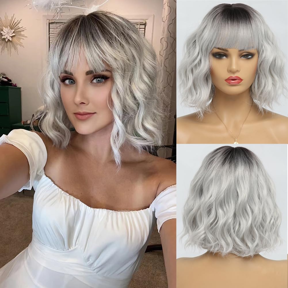 BESTUNG Short White Silver Wigs for Women Ombre Grey Wavy Bob Wig with Bangs Medium Length Synthetic Hair Water Wave Dark Roots Wig Gray Colorful Wigs（12 Inches）