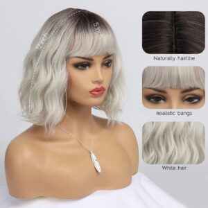 BESTUNG Short White Silver Wigs for Women Ombre Grey Wavy Bob Wig with Bangs Medium Length Synthetic Hair Water Wave Dark Roots Wig Gray Colorful Wigs（12 Inches）