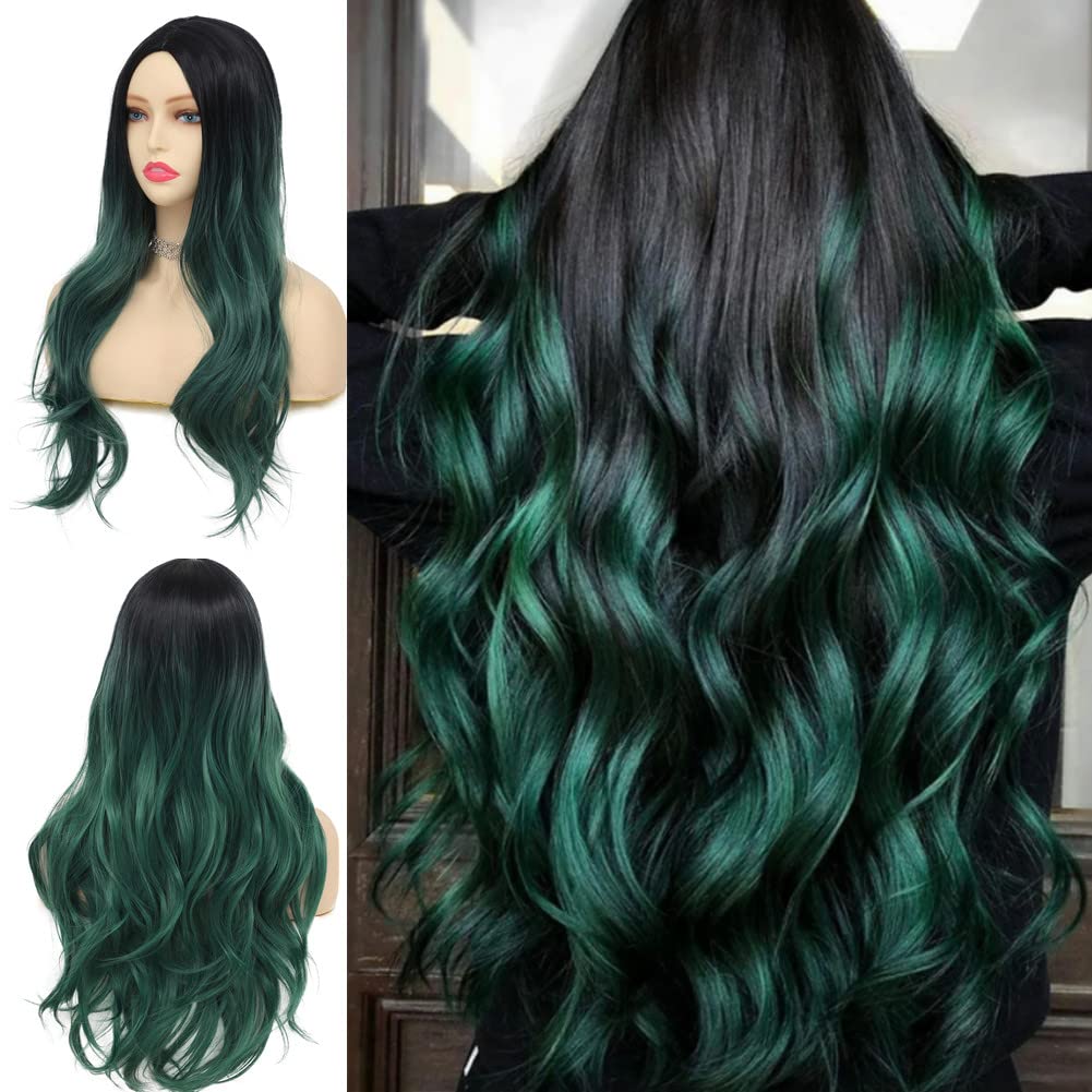 Tseses Green Wig Long Wavy Curly Wigs for Women Ombre Dark Green Synthetic Hair Wigs Dark Roots Hair Women Wig Cosplay Halloween Party Daily Use (Ombre Green)