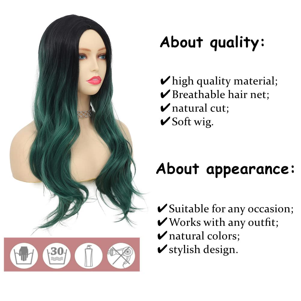 Tseses Green Wig Long Wavy Curly Wigs for Women Ombre Dark Green Synthetic Hair Wigs Dark Roots Hair Women Wig Cosplay Halloween Party Daily Use (Ombre Green)