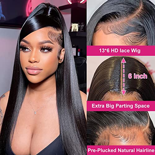 Ysxbui 13x6 Lace Front Wigs Human Hair 180 Density HD Transparent Straight Lace Front Human Hair Wigs for Women Straight Lace Front Wigs Pre Plucked with Baby Hair Natural Color (24 Inch)