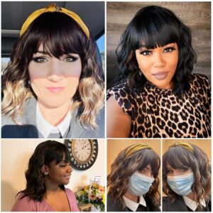 Ucubb Black Mixed Brown Wig for Black Women 14 Inch Short Wavy Hair Wigs Curly Bob Wig with Bangs Wigs Shoulder Length Wigs for Black Women Bob Style Synthetic Heat Resistant Bob Wigs