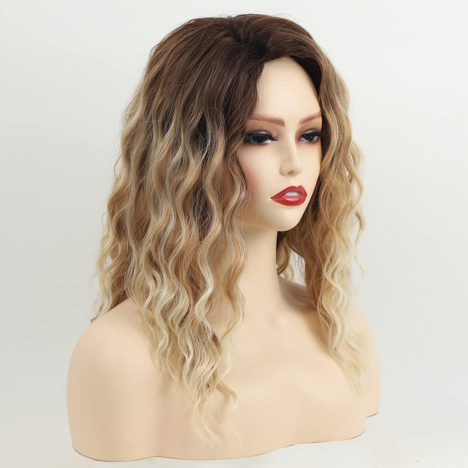 Fencca Ombre Blonde Curly Wigs for Women Medium Length Synthetic Wig Afro Wave Curly Free Part Fluffy Wig 18 inch Curly Wavy Hair Replacement Wig