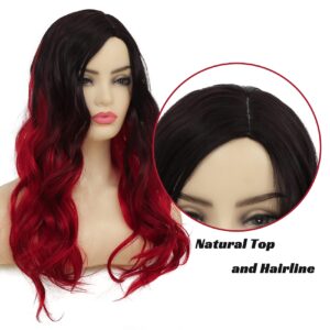 Sallcks Ombre Black to Red Wig Long Wavy Wig for Women Side Part Colored Synthetic Heat Resistant Wig for Daily Party Costume Halloween