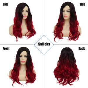 Sallcks Ombre Black to Red Wig Long Wavy Wig for Women Side Part Colored Synthetic Heat Resistant Wig for Daily Party Costume Halloween