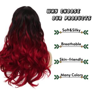 Sallcks Ombre Black to Red Wig Long Wavy Wig for Women Side Part Colored Synthetic Heat Resistant Wig for Daily Party Costume Halloween