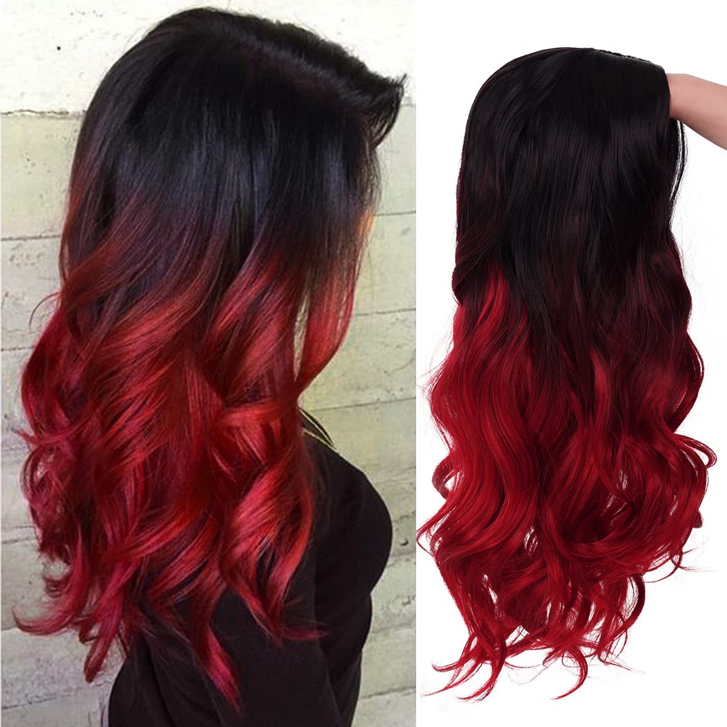 Sallcks Ombre Black to Red Wig Long Wavy Wig for Women Side Part Colored Synthetic Heat Resistant Wig for Daily Party Costume Halloween