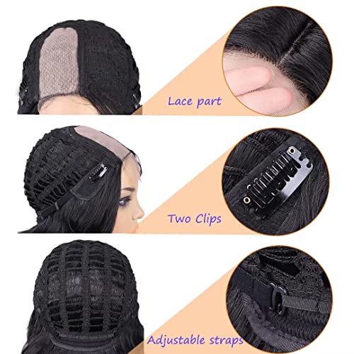 Lady Miranda Loose Wave Lace Part Wig Pure Color Nature Curly Synthetic Heat Resistant Weave Full Wigs for Women(Black)