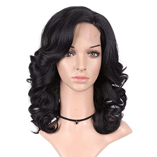 Lady Miranda Loose Wave Lace Part Wig Pure Color Nature Curly Synthetic Heat Resistant Weave Full Wigs for Women(Black)