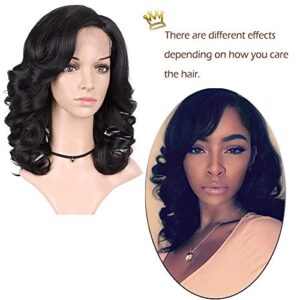 Lady Miranda Loose Wave Lace Part Wig Pure Color Nature Curly Synthetic Heat Resistant Weave Full Wigs for Women(Black)