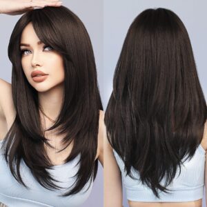 7JHH WIGS Long Natural Black Wig with Bangs Straight Wigs for Women,Heat Resistant Layered Synthetic Wigs for Daily Use