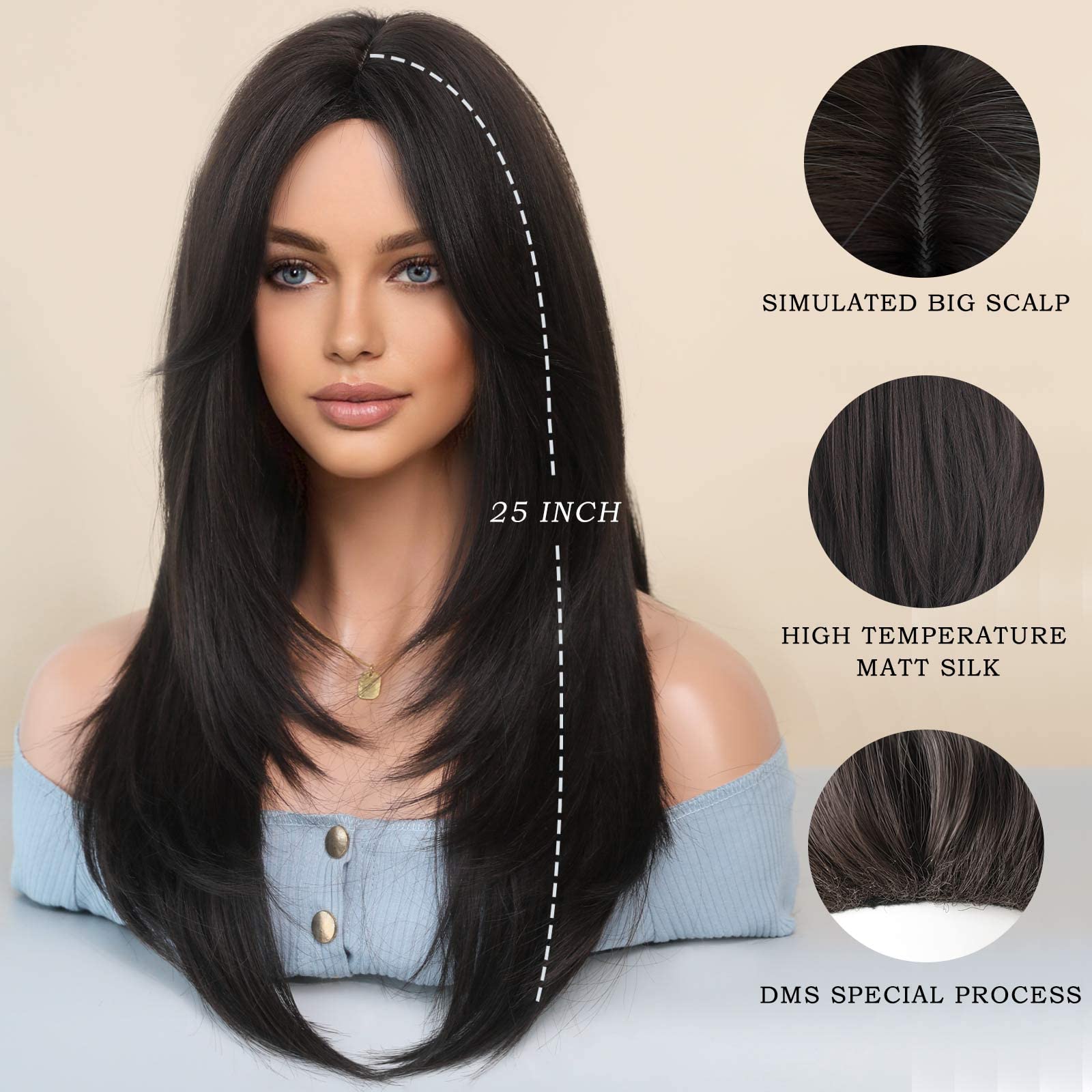 7JHH WIGS Long Natural Black Wig with Bangs Straight Wigs for Women,Heat Resistant Layered Synthetic Wigs for Daily Use