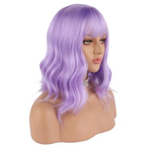 enilecor lavender purple wig short colorful curly wavy synthetic bob wigs with air bangs 14" natural wigs for women