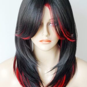 Medium Length Layered Wigs Black with Red Highlights wigs Layered wig with bangs Synthetic wig Highlight for white Women (Black with red)