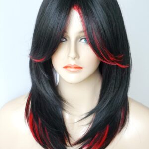 Medium Length Layered Wigs Black with Red Highlights wigs Layered wig with bangs Synthetic wig Highlight for white Women (Black with red)