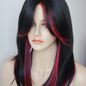 Medium Length Layered Wigs Black with Red Highlights wigs Layered wig with bangs Synthetic wig Highlight for white Women (Black with red)