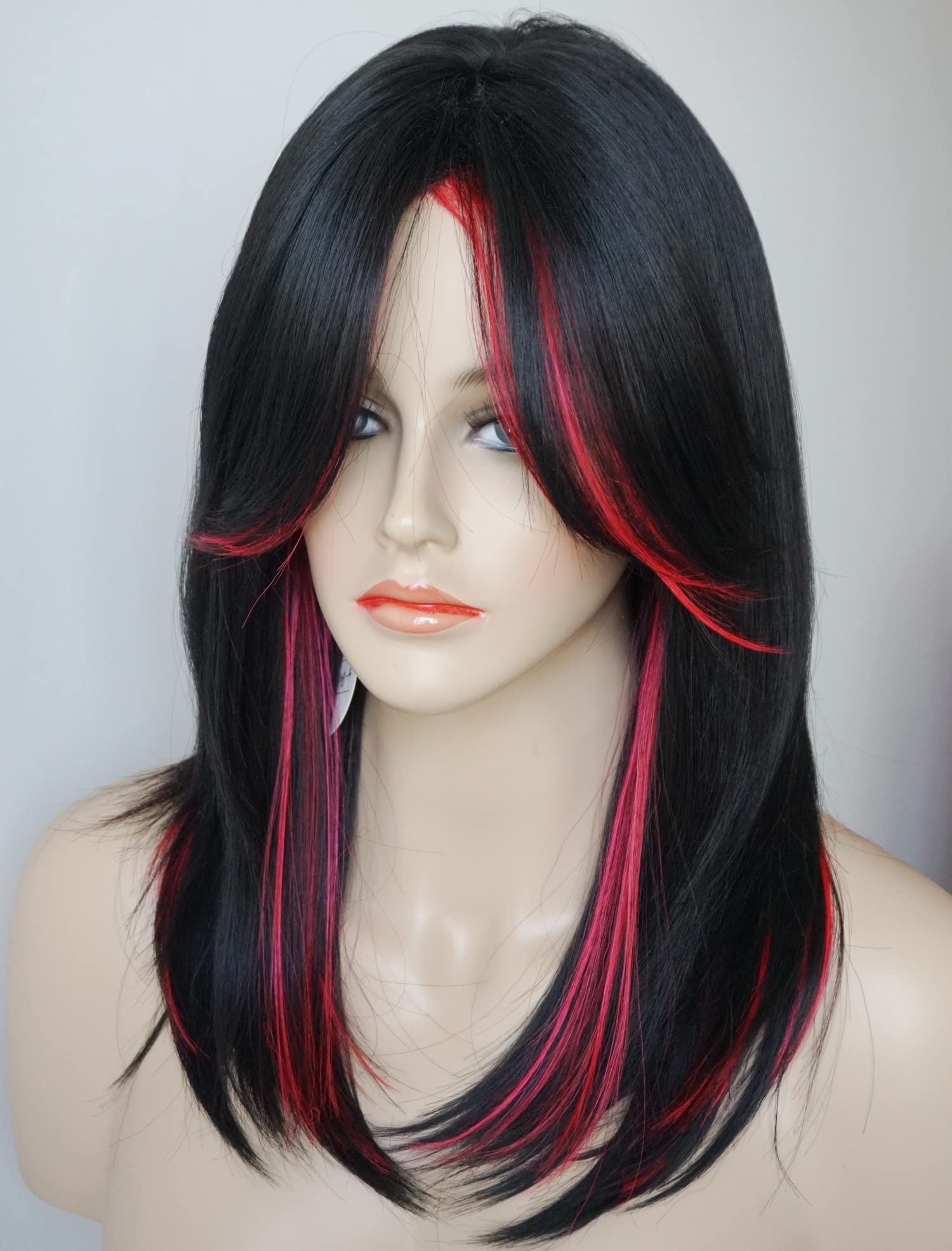 Medium Length Layered Wigs Black with Red Highlights wigs Layered wig with bangs Synthetic wig Highlight for white Women (Black with red)